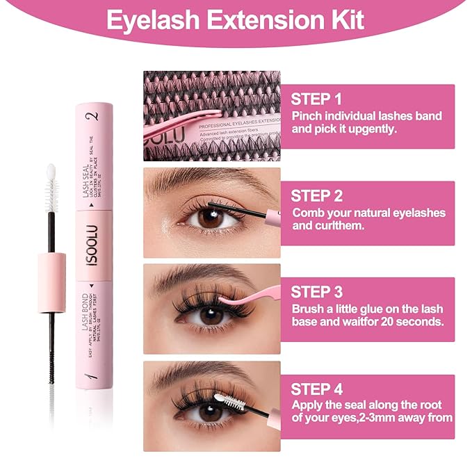 ISOOLU Fairy Lash Clusters Manga Individual Lashes C Curl Wispy Eyelash Clusters WideSpan Eyelash Extension Kit with Lash Bond and Seal Wet-Look Spiky Cluster Lashes (ZH13 Kit)