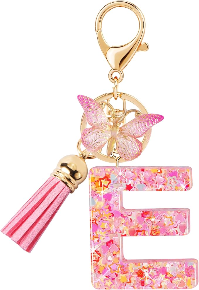 Initial letter Keychains for Women Girls Tassel Butterfly Cute Keychain for Wallet Backpack charm