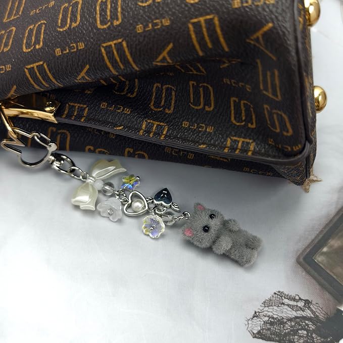 Cute Cat Keychain, Y2K Heart Bow Pendant, Kawaii Cat Bag Charm