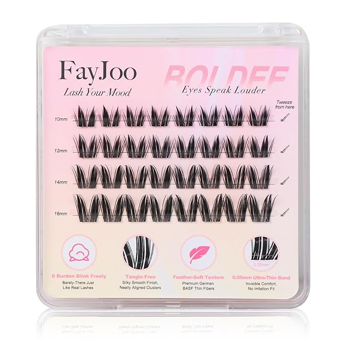 Dramatic Volume Lash Clusters, 0.05mm Thin Band 10-16mm C Curl, Compact Travel Pack, Budget-Friendly for Beginners, FayJoo BOLDEE 11 Lite