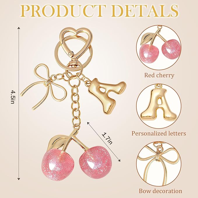 Snycler Bubble Initial Keychain with Cherry & Bow - Gold Letter Bag Charms for Women, Cute Purse Handbag Accessories