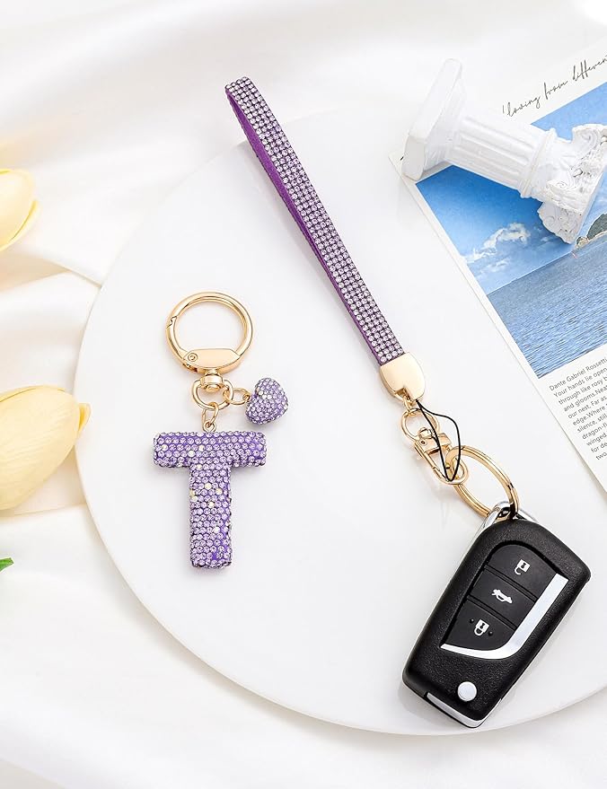 Initial Keychain for Women Girls,Bling Letter Key chain Initial with Heart,Pink Keychain Charms for Backpack Handbag