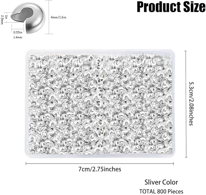 800 Pieces Crimp Bead Covers for Jewelry Making, 4mm Open Half Round Crimp Bead Knot Cover Small Beads for Jewelry Craft DIY（Sliver）