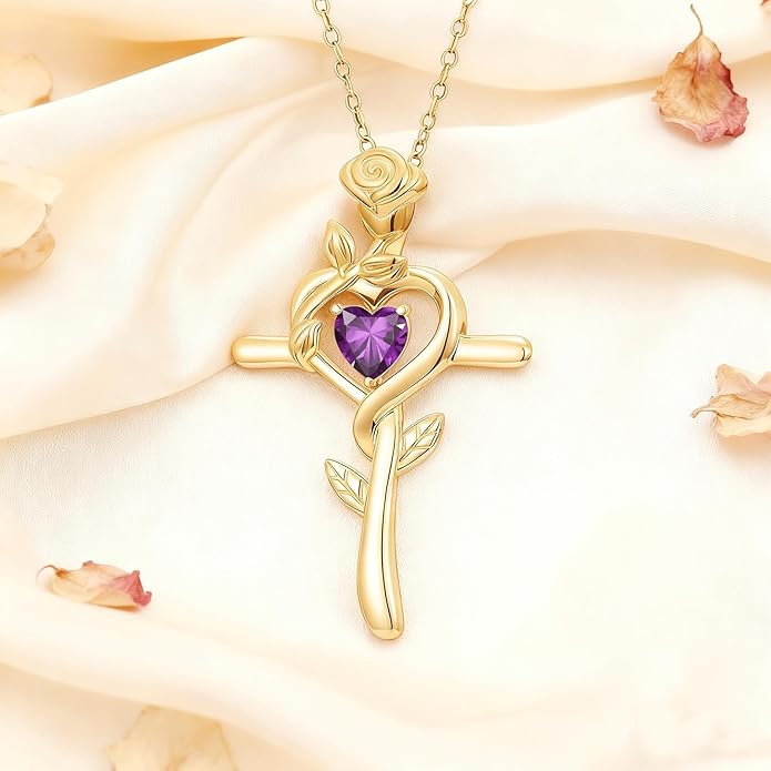 Midari 18K Yellow Gold Cross Pendant Rose Birthstone Necklaces for Women Christian Cross Jewelry with 12 Months Birthstone Birthday Gifts for Wife Her Daughter Mom