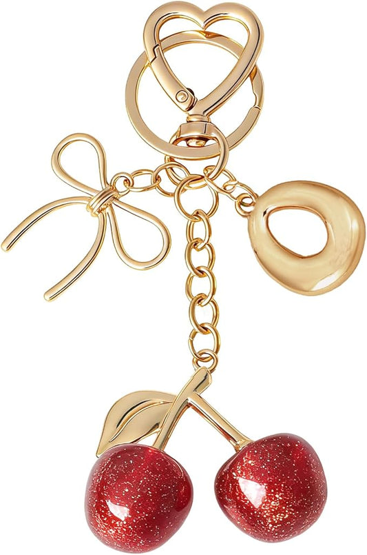 Snycler Bubble Initial Keychain with Cherry & Bow - Gold Letter Bag Charms for Women, Cute Purse Handbag Accessories