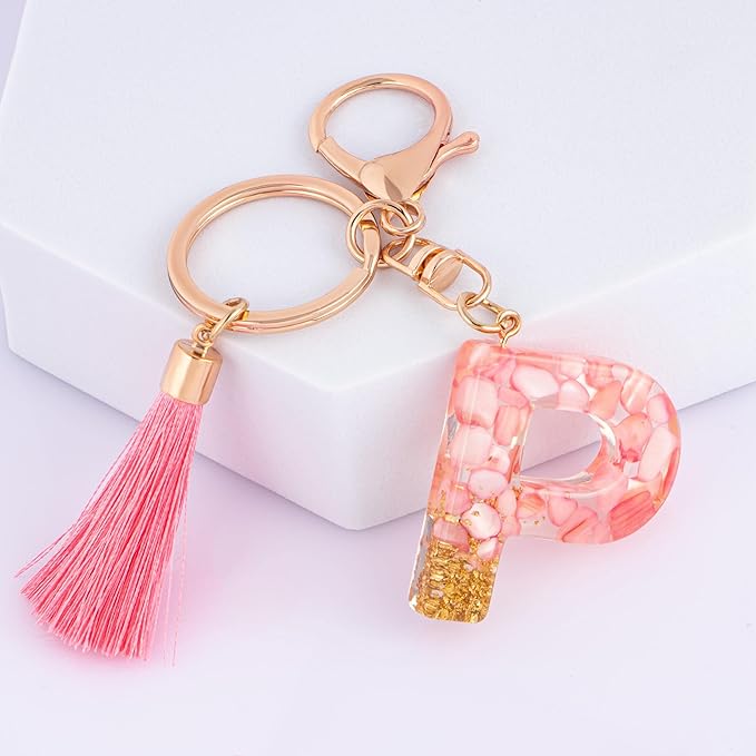 Suweibuke Cute Pink Key Chains for Women Girls, Initial Letter Keychains with Tassel, Charms for Key Purse Handbags Backpacks