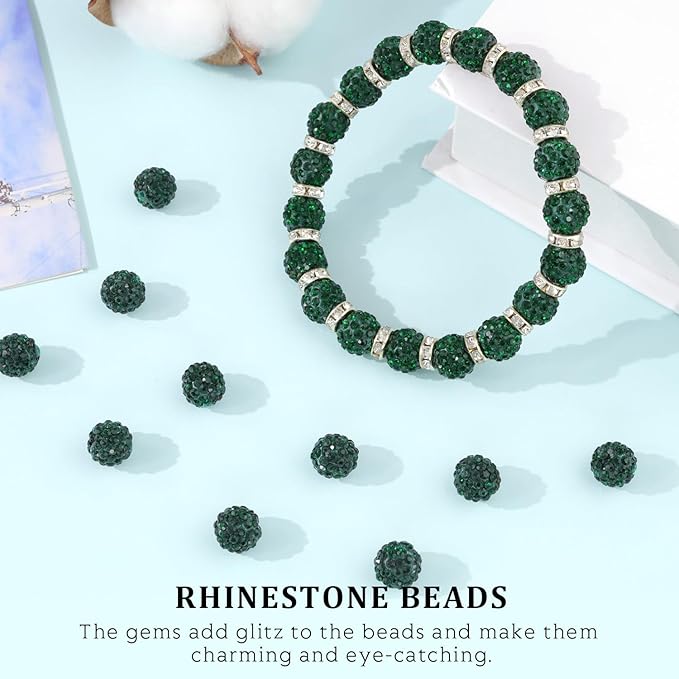 120pcs 10mm Rhinestone Beads for Jewelry Making, Dark Green Shiny Round Shamballa Disco Ball Beads Bulk, Sparkle Crystal Clay Christmas for Bracelet Baseball Necklace Earring Crafting and DIY