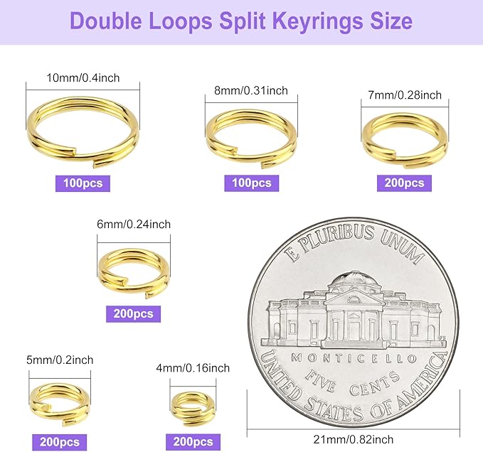 1000pcs Double Jump Ring for Jewelry Making, 6 Sizes Mini Split Ring Double Loops Split Jump Rings Metal Rings Connectors for Necklace Bracelet Car Keys DIY Craft Making(Gold)