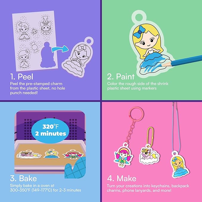 Auihiay DIY Shrinking Art Kit for Kids, 48Pcs Pre-Cut Charms, Unicorn, Princesses Shapes, No Mess Creative Activity Jewelry Making Shrinky Art Kit with Pencils, Keychains, and Cartoon Stickers