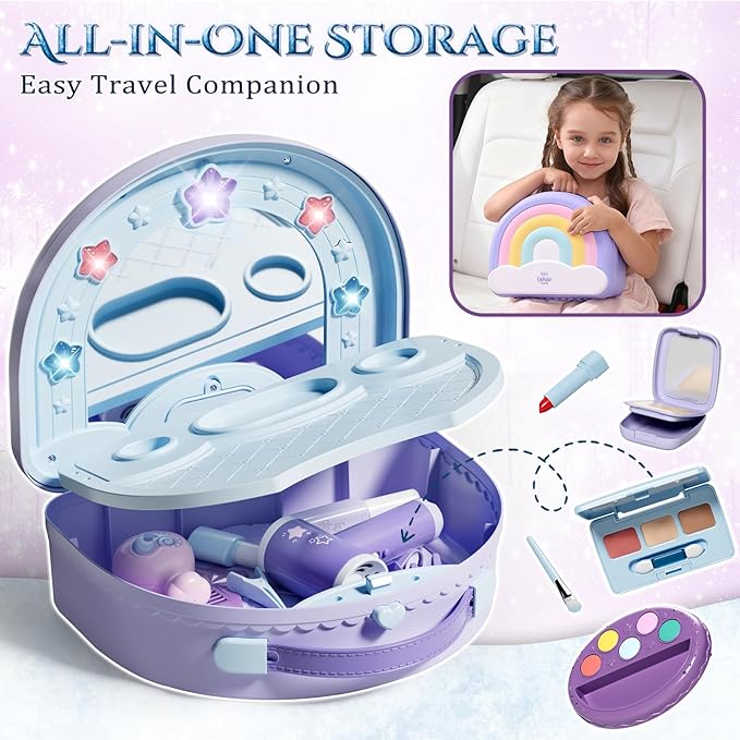 Lehoo Castle Toddler Vanity with Makeup Set, Portable Makeup Vanity for Girls with Lights Music Electric Hairdryer, Pretend Play Princess Toys for Dress Up, Birthday Gifts for 3 4 5 Years Old Girls