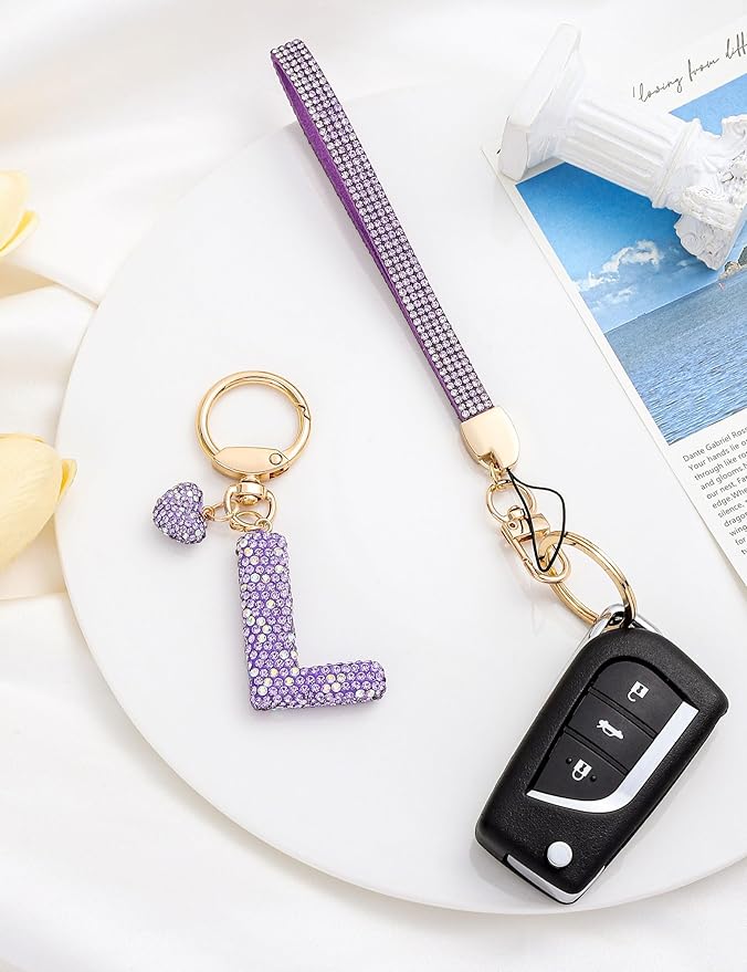 Initial Keychain for Women Girls,Bling Letter Key chain Initial with Heart,Pink Keychain Charms for Backpack Handbag