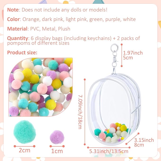 6 Pcs 7 Inch Clear Figure Display Bag with Keychain Large Doll Hanging Blind Box Display Case Clear Keychain Pouch with 2 Pcs Plush Balls for Figures Collectibles, Doll Collector(White)
