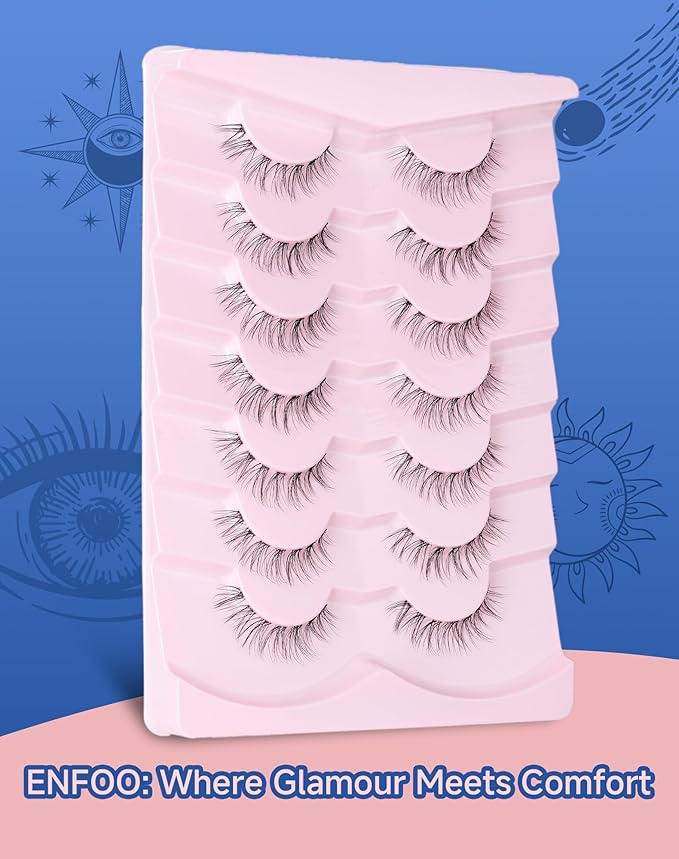 ENFOO Lashes Natural CLear Band Wispy False Eyelashes Natural Look Flared Strip Eyelash False Eye Lash Soft 7 Pairs Everyday SF-02