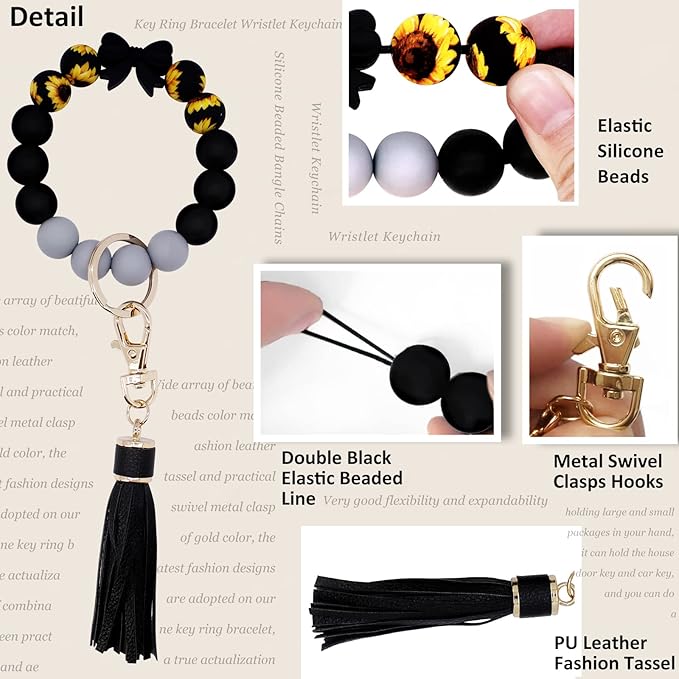 BIHRTC Key Ring Bracelet Car Keychain Holder Wristlet Silicone Women Beaded Bangle Chains