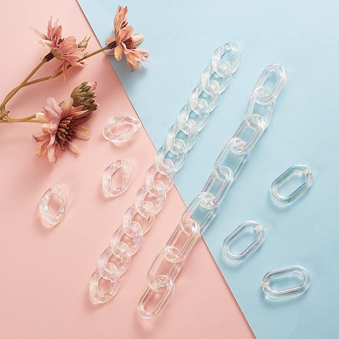 LiQunSweet 100Pcs 2 Styles Acrylic AB Color Plated Twist Chain Linking Rings Quick Link Connectors for Chains Making Jewelry DIY Bag Strap
