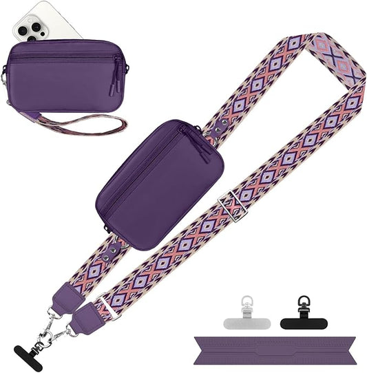 Clip and Go Strap for Phone with Wallet Crossbody, Adjustable Phone Lanyard with Detachable RFID Wristlet Wallet, Pattern Strap - Dark Purple (L)