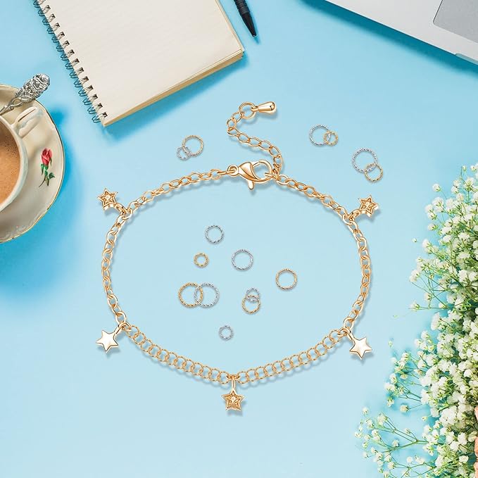 600Pcs Twist Open Jump Rings, 8/10/12/15mm O Rings Connectors Jewelry Findings Round Circle Large Jump Rings for Jewelry Making DIY Earrings Bracelet Necklace Keychain Pendants Crafts(K Gold,White K)
