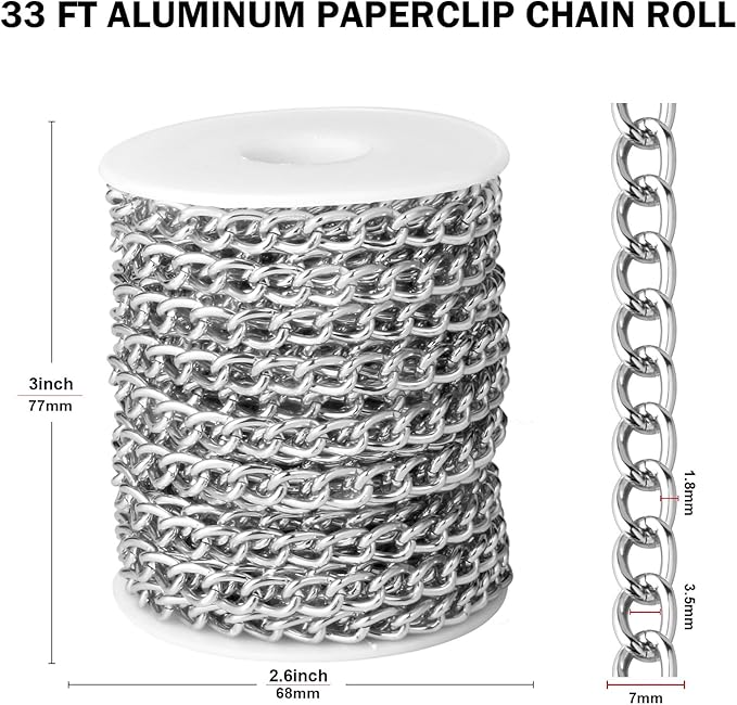 [33ft] Silver Chain for Jewelry Making, 7mm Wide Silver Aluminum Curb Link Chain Roll Bulk for DIY Jewelry Making Craft