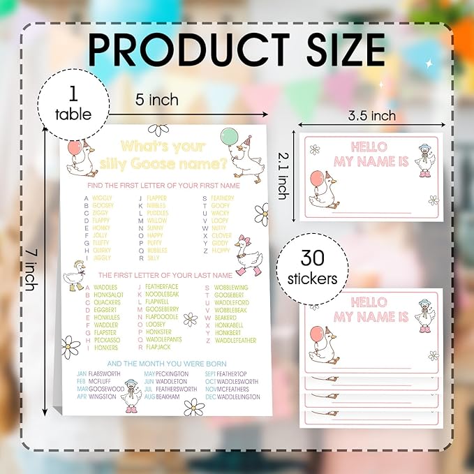 What's Your Goose Name Game, Funny Goose Birthday Party Games for Kids and Adults,Farm Party Decorations,1 Goose Party Game Double Sided Sign and 30 Name Stickers,Plays for 30 Guests,5x7 Inch