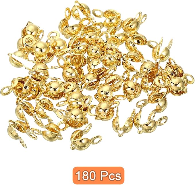 uxcell 180 Pcs 3.2mm Crimp End Caps, Clamshell Cord End Cap Connector Clasp Bead Tips Knot Covers Calotte End Crimp for DIY Jewelry Making, 18K Gold