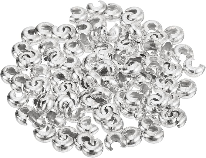 uxcell 100pcs Crimp Bead Covers, 3mm/0.12" Half Round Open Crimp Beads Knot Cover Metal Small Loose Beads End Tip for Bracelet Jewelry Making Craft DIY, Silver