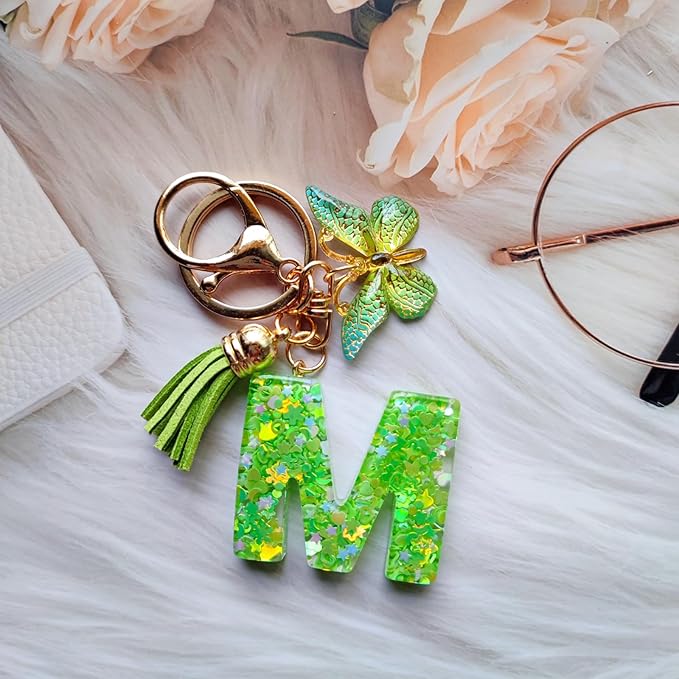 Cute Initial Letter Keychains for Women Girls Tassel Butterfly Pink Purple Green Keychain for Backpack School Bag