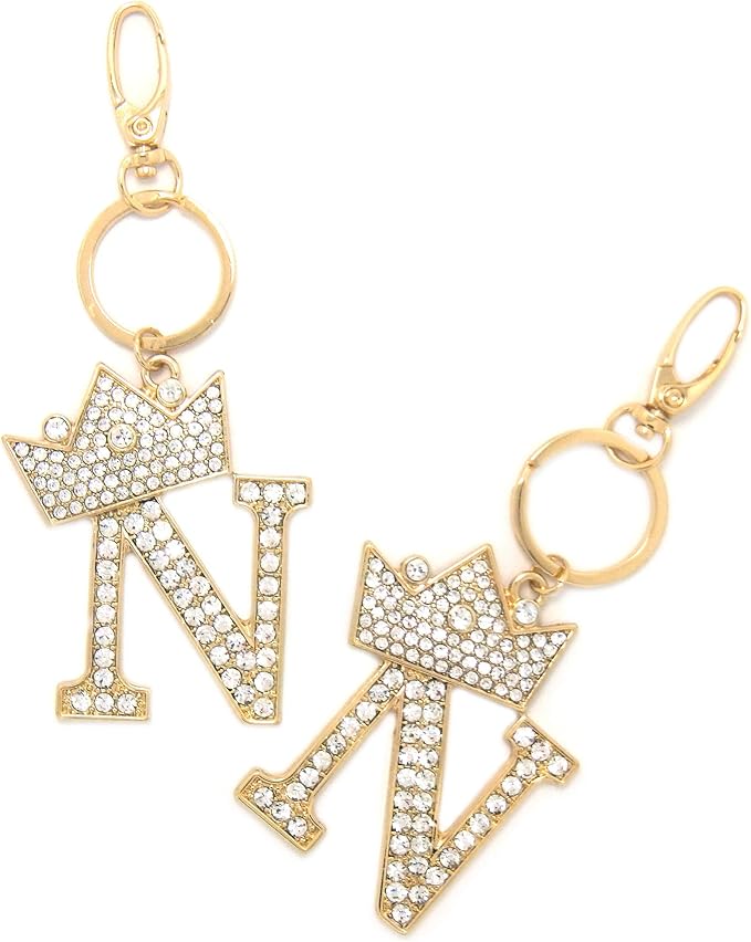 CBC Crown Crystal Rhinestone Letter Initial Keychain, Gold Metal, Bag Charm with Key Ring Approx. 2.17" x 2.56"