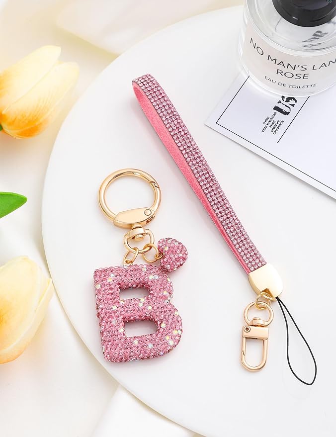 Initial Keychain for Women Girls,Bling Letter Key chain Initial with Heart,Pink Keychain Charms for Backpack Handbag