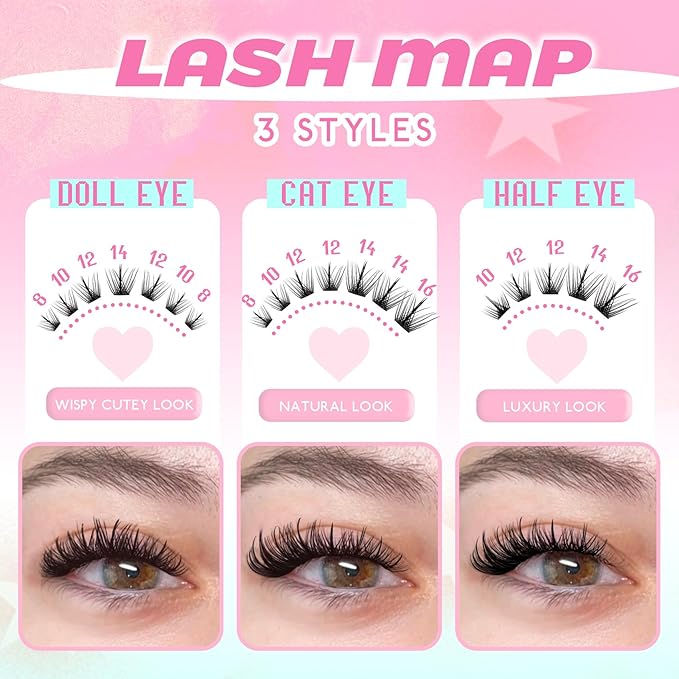 Lash Clusters Wispy Manga Lash Clusters C Curl Lightweight Spiky Doll Anime Eyelash Extensions 8-16MM Mixed 144Pcs Doe eyed Individual Lashes with Spikes for DIY at Home (Hibiscus)