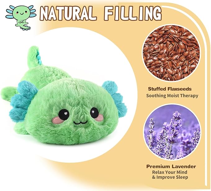 Cuckool Mint Axolotl Stuffed Animals, Microwavable Stuffed Animals Heating Pad for Cramps, Pain Stress Relief, Heatable & Coolable Lavender Scented Plush Toys for Anxiety, Women & Kids Bedtime