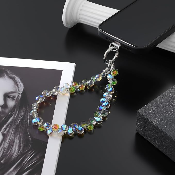 Crystal Phone Wrist Strap Phone Charm Chain Keychain Beaded Cellphone Lanyard with Tether Tab Hands-Free Wristlet Bracelet Wrist Grip Strap for Women, D-Rainbow