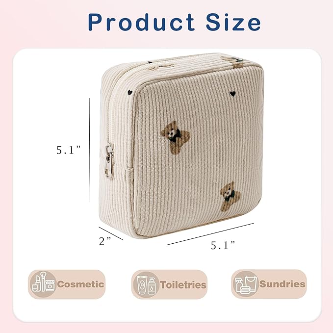 uekeboag Cute Small Corduroy Zipper Makeup Bag, Mini Coquette Aesthetic Pouch with Bear Pattern for for Purse,Key Pocket Lipstick Bag Card Holder Data Cable Organizer for Women Girls (04Light Taup)