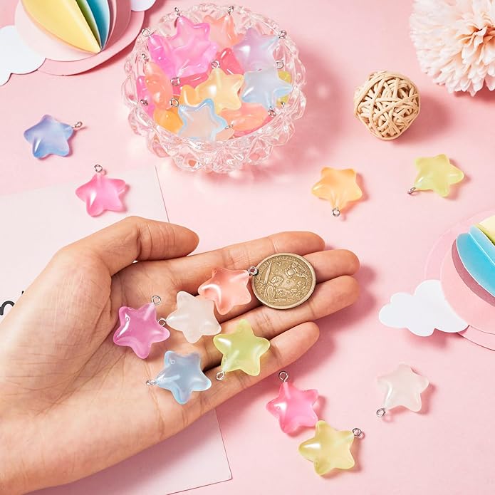Resin Love Heart Star Flower Charms Colorful Heart Floral Pentagram Pendants Cute Hang Ornament for DIY Crafts Necklace Bracelet Keychain Jewelry Making