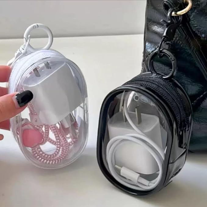 2PCS Clear Character Display Bag Mini Doll Hanging Box with Key Chain, Portable Zipper Closure Dust Guard Set Box - Semi-Circular (Black + Transparent)