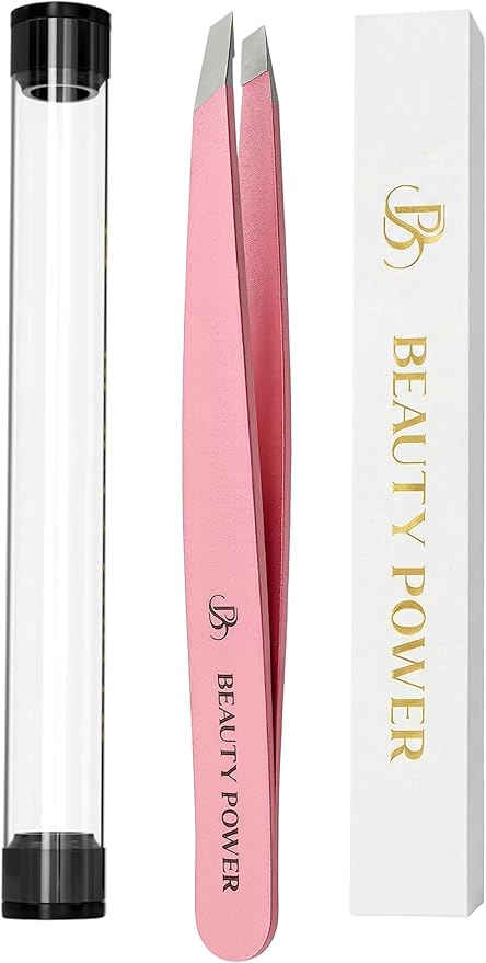 Beauty Power Ultra-Precision Professional Slant Tweezers for Women Facial Hair - German Stainless Steel, Lightweight Black Tweezers for Women & Men, Ideal for Eyebrow & Facial Grooming (Pink)