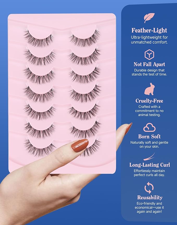 Short Lashes Natural Look Everyday Wispy Eyelashes Clear Band Flared Strip Eyelash Soft Lash Fluffy Pack 7 Pairs C22
