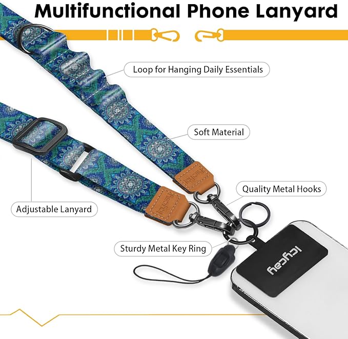 Phone Lanyard Crossbody, Boho Blue Cell Phone Strap for Around The Neck Adjustable, Anti Theft Cute Lanyard for iPhone Case ID Holder Keys Accessories Travel Essential