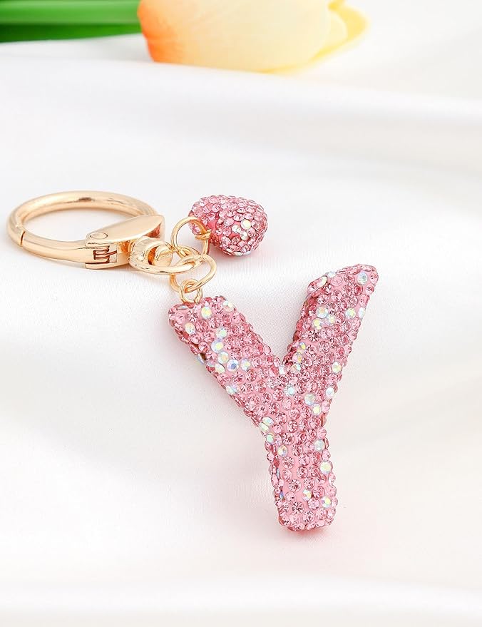 Initial Keychain for Women Girls,Bling Letter Key chain Initial with Heart,Pink Keychain Charms for Backpack Handbag