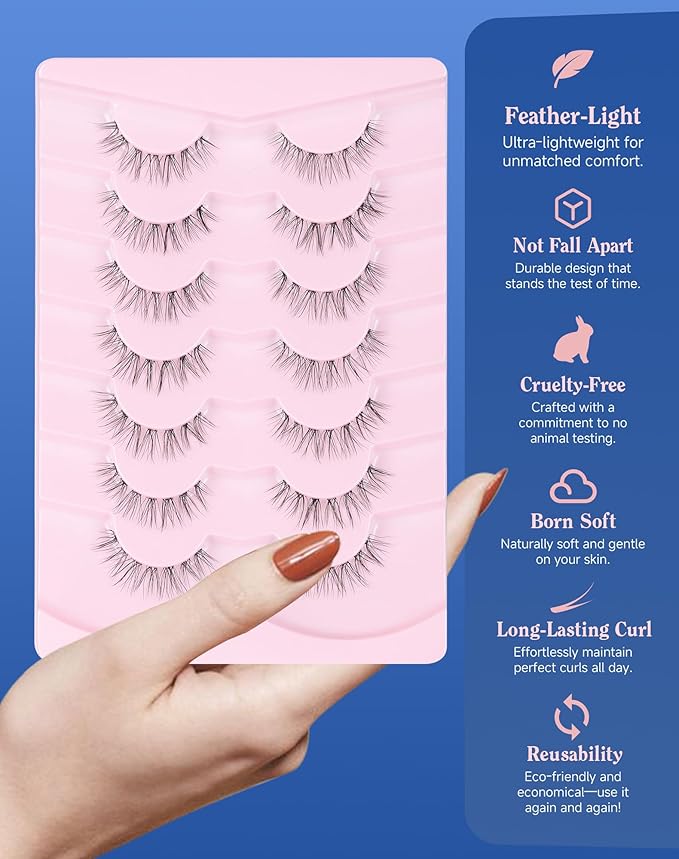 ENFOO Lashes Natural CLear Band Wispy False Eyelashes Natural Look Flared Strip Eyelash False Eye Lash Soft 7 Pairs Everyday SF-02