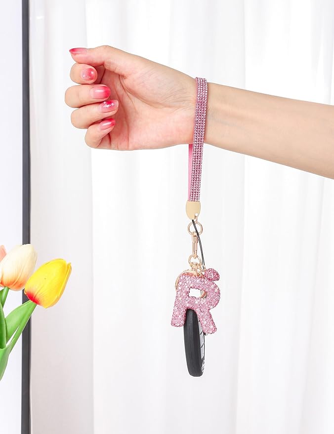 Initial Keychain for Women Girls,Bling Letter Key chain Initial with Heart,Pink Keychain Charms for Backpack Handbag
