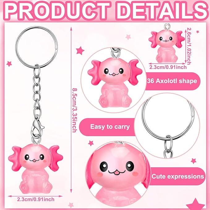 Liliful 36 Pcs Axolotl Keychains Resin Axolotl Party Supplies Mini Animal Key Chains Kawaii Salamander 3D Figurine Pendant
