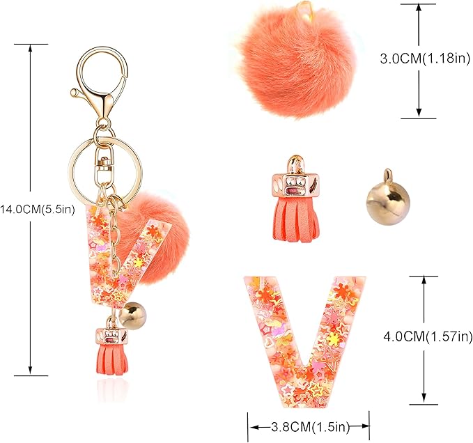 Resin Alphabet Initial Letter Keychain Keyring for Women Purse Handbags With Fur Ball Pom
