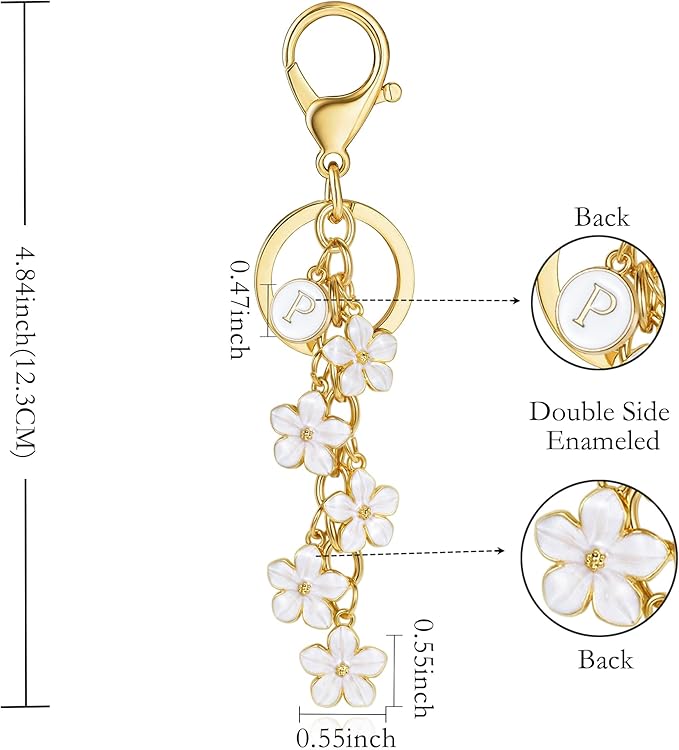 XGALBLA White Pink Black Cute Initial Letter Keychain for Women, Flower Bag Charms Enamel Keyring for Handbag Backpack
