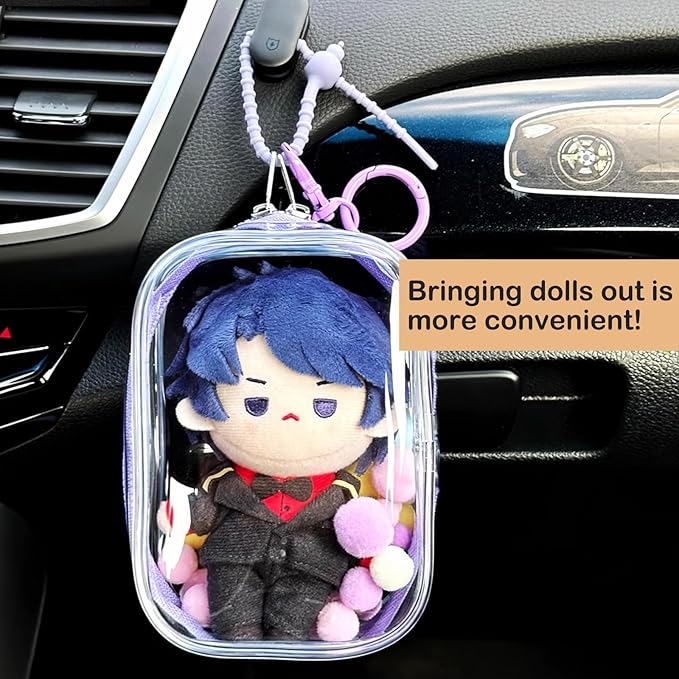 CALEMBOU BJD Doll Clear Display Bag, Portable Figures Storage Bag with Keychain, Mini Doll Hanging Box, Double Zipper Closure Dustproof Case for Figures Plushies (Square box-purple 13cm)
