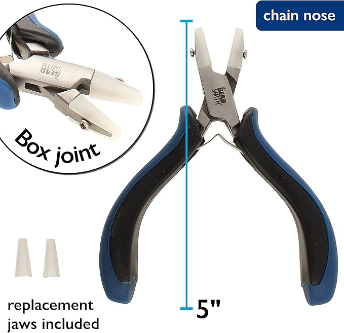 The Beadsmith Chain Nose Nylon Jaw Pliers – 5 inches (127mm) – Ergonomic Handle, Double Leaf Springs – Includes Replacement Heads – Jewelry Making Tool for Creating Bracelets, Earrings & Necklaces