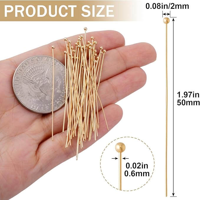 5pcs 14K Gold Plated Ball Head Pins, 50mm Brass Sewing Pins for Jewelry Making, Jewelry Making Supplies for Necklaces Bracelets Anklets DIY Crafts