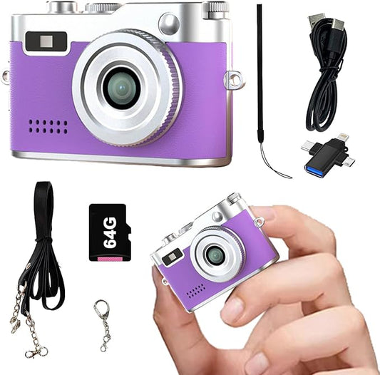 Keychain Retro Camera，Mini Micro Digital Tiny Digital Photo Camera，1080P FHD Tiny Portable Small Cameras Pocket Video Recorder，for Travel Study Recording (Purple-64G)