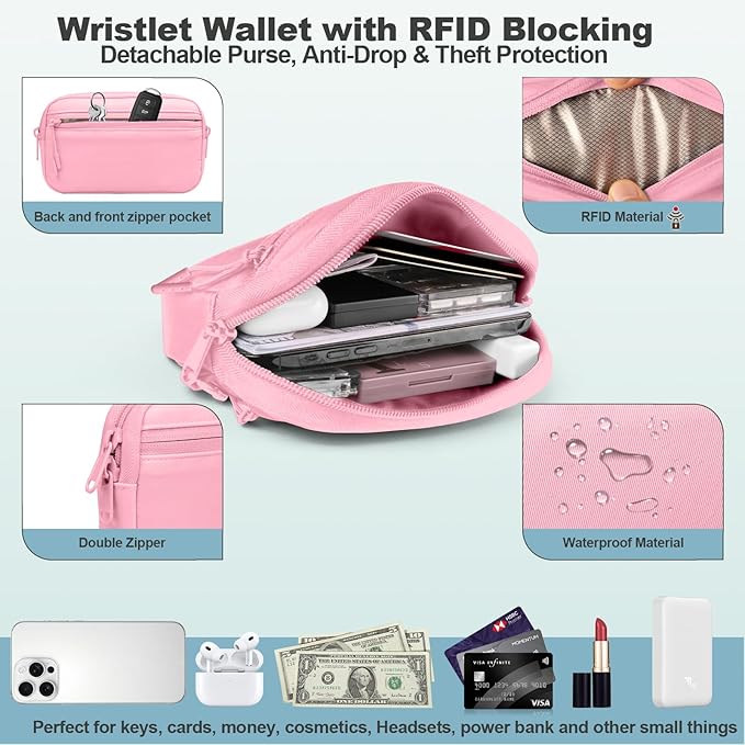 Clip and Go Strap for Phone with Wallet Crossbody, Adjustable Phone Lanyard with Detachable RFID Wristlet Wallet, Pattern Strap - Pink(L)