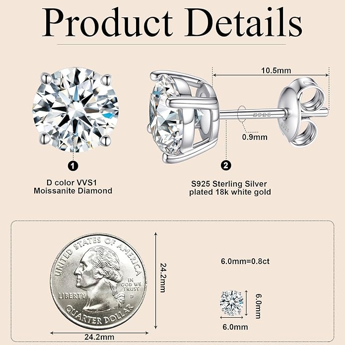 Moissanite Earrings for Women，D Color VVS1 Clarity Lab Created Gemston Men Studs S925 Sterling Silver Plated 18k White Gold Hypoallergenic Jewelry
