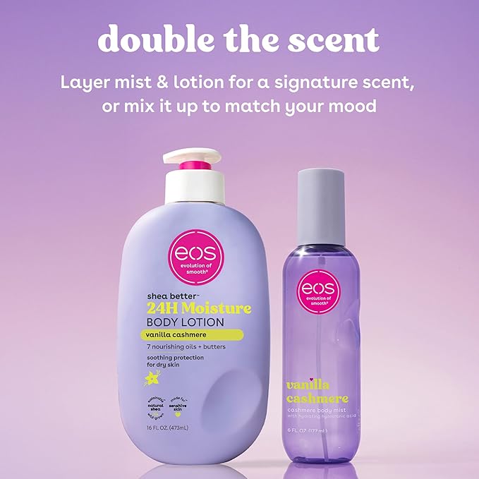 eos Cashmere Body Mist, Vanilla Cashmere, Soft Musk, Cozy Caramel, Hair Mist, Body Spray for Women Moisturizing, Hyaluronic Acid, Vanilla Body Spray, Vegan, Cruelty-free, 6 fl oz
